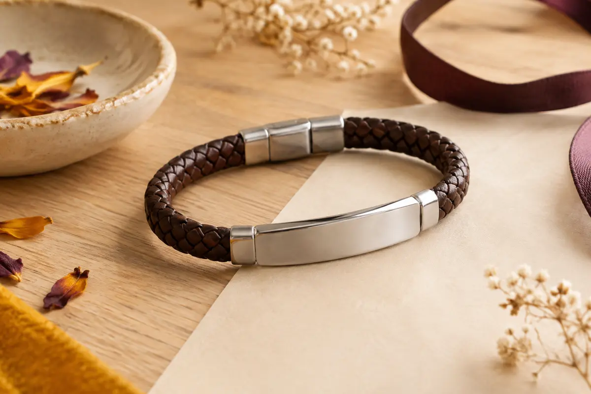 Bracelet en cuir tressé avec plaque lisse en acier inoxydable, présenté sur un fond clair et chaleureux.