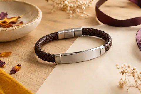 Bracelet en cuir tressé avec plaque lisse en acier inoxydable, présenté sur un fond clair et chaleureux.