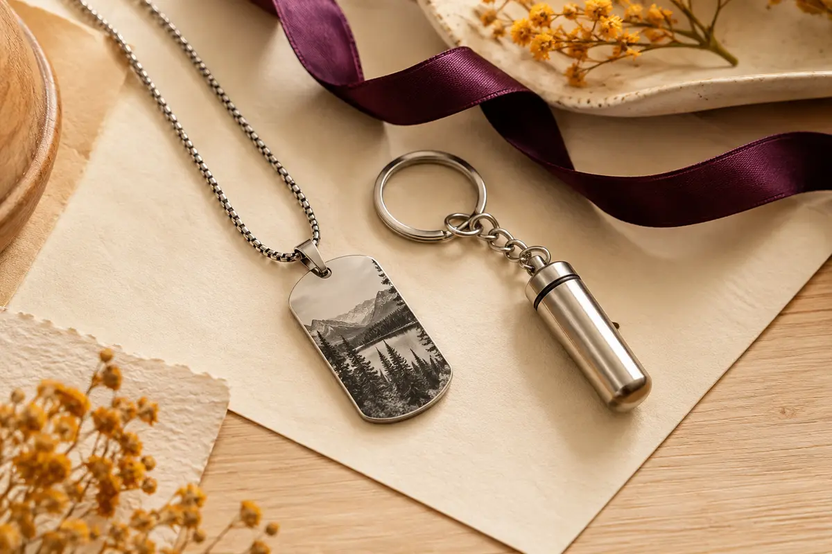 Collier plaque en acier avec gravure photo noir et blanc, chaîne, porte-clés et silencieux sur fond clair.
