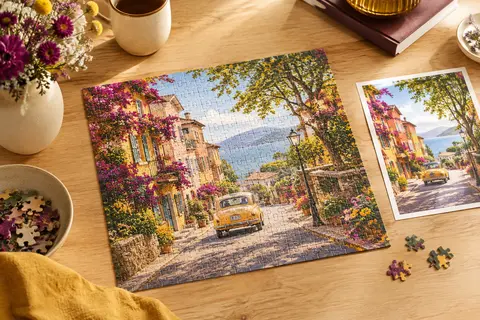 Puzzle assemblé de petite ville colorée, avec fleurs, arbres et quelques pièces en carton sur une table claire.