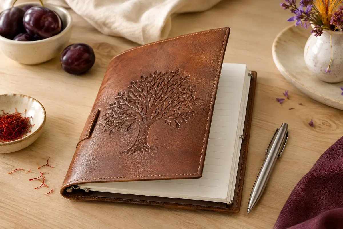 Carnet A5 marron en cuir embossé d’un arbre, ouvert sur ses pages lignées avec son stylo argenté.