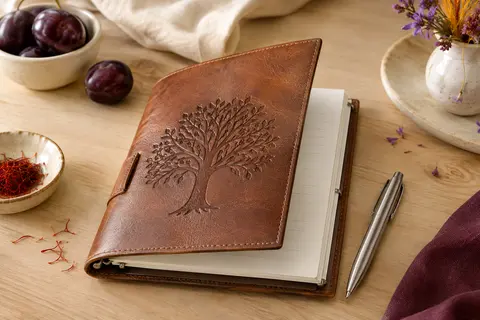 Carnet A5 marron en cuir embossé d’un arbre, ouvert sur ses pages lignées avec son stylo argenté.