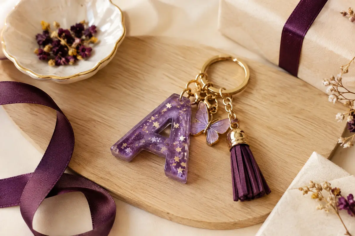 Porte-clés violet avec lettre initiale pailletée, pendentif papillon et pompon posé sur un fond clair
