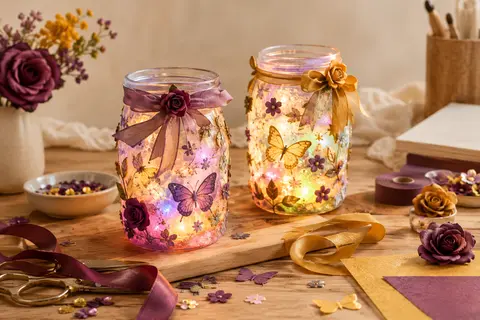 Deux pots en plastique décorés d’accessoires féeriques et illuminés comme des lanternes colorées