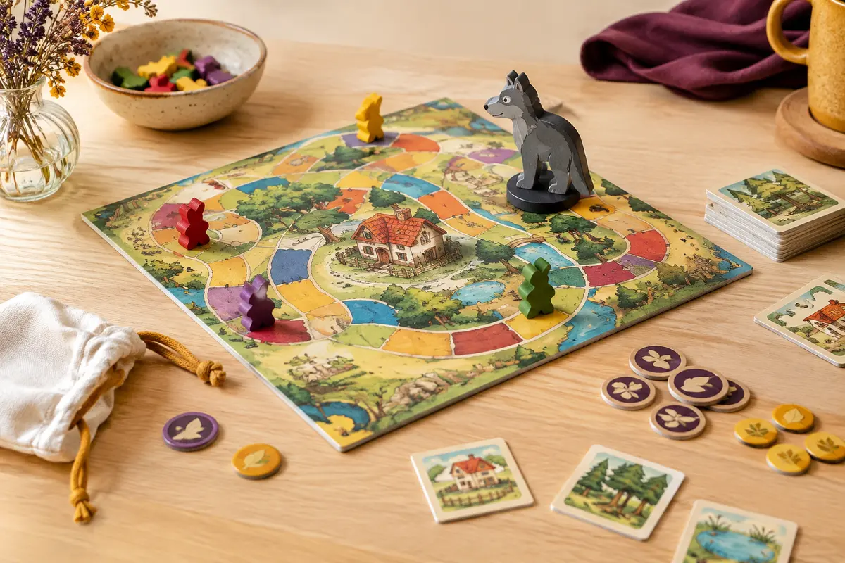 Plateau multicolore du Jeu du Loup avec son personnage magnétique et des éléments de récolte