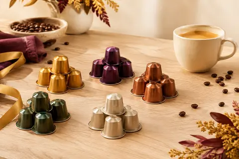 Assortiment de capsules de café en aluminium disposées près d’une tasse en céramique sur du bois clair.