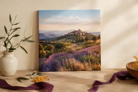 Toile photo carrée personnalisée sur châssis en bois, posée dans un décor crème et bois clair