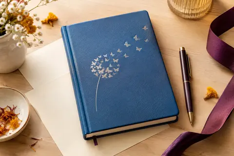 Carnet A5 bleu en simili cuir décoré d’un pissenlit formé de papillons, posé sur du bois clair.