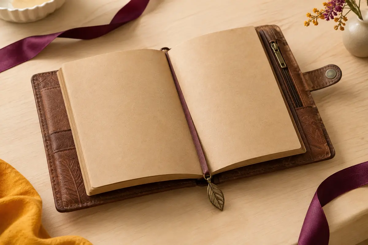 Carnet rechargeable brun en cuir synthétique, ouvert sur des pages vierges avec son pendentif feuille métallique.