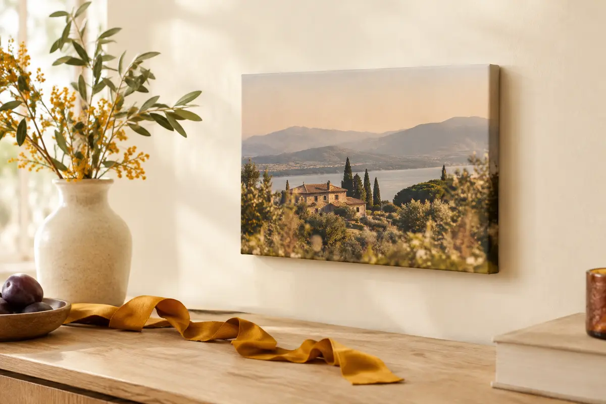 Toile photo personnalisée rectangulaire sur châssis en bois, exposée dans un décor clair et chaleureux.