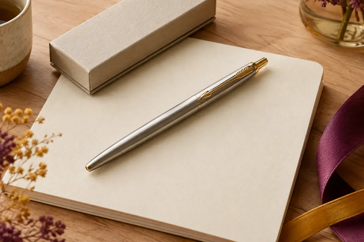 Stylo bille Jotter en acier inoxydable et détails dorés posé sur un carnet crème, près de son écrin.