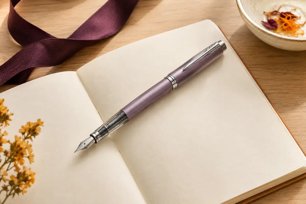 Stylo plume lilas métallisé à finitions chromées posé sur un carnet en papier crème et du bois clair