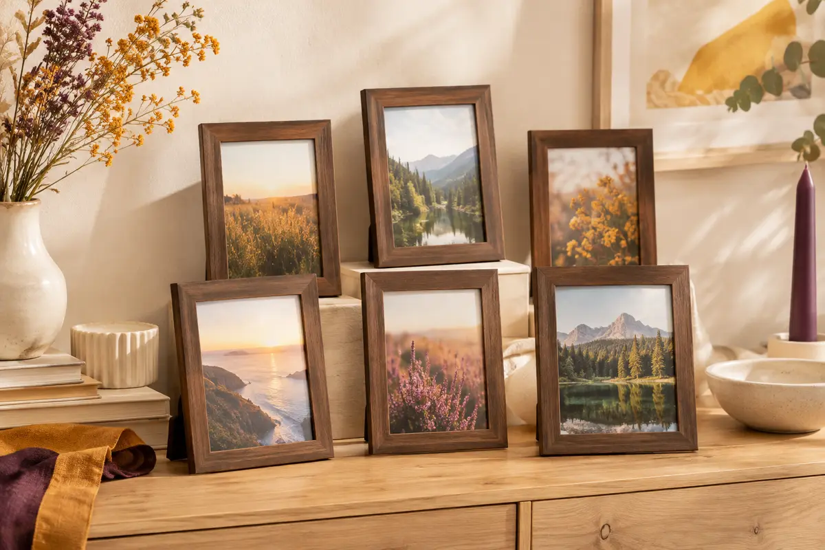Sept cadres photo rectangulaires bruns au style rustique, disposés sur une console en bois clair.