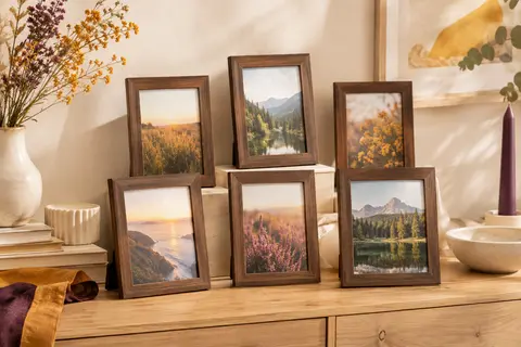 Sept cadres photo rectangulaires bruns au style rustique, disposés sur une console en bois clair.