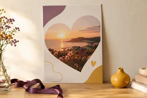 Affiche personnalisée verticale avec photo au cœur, présentée sur une console en bois clair