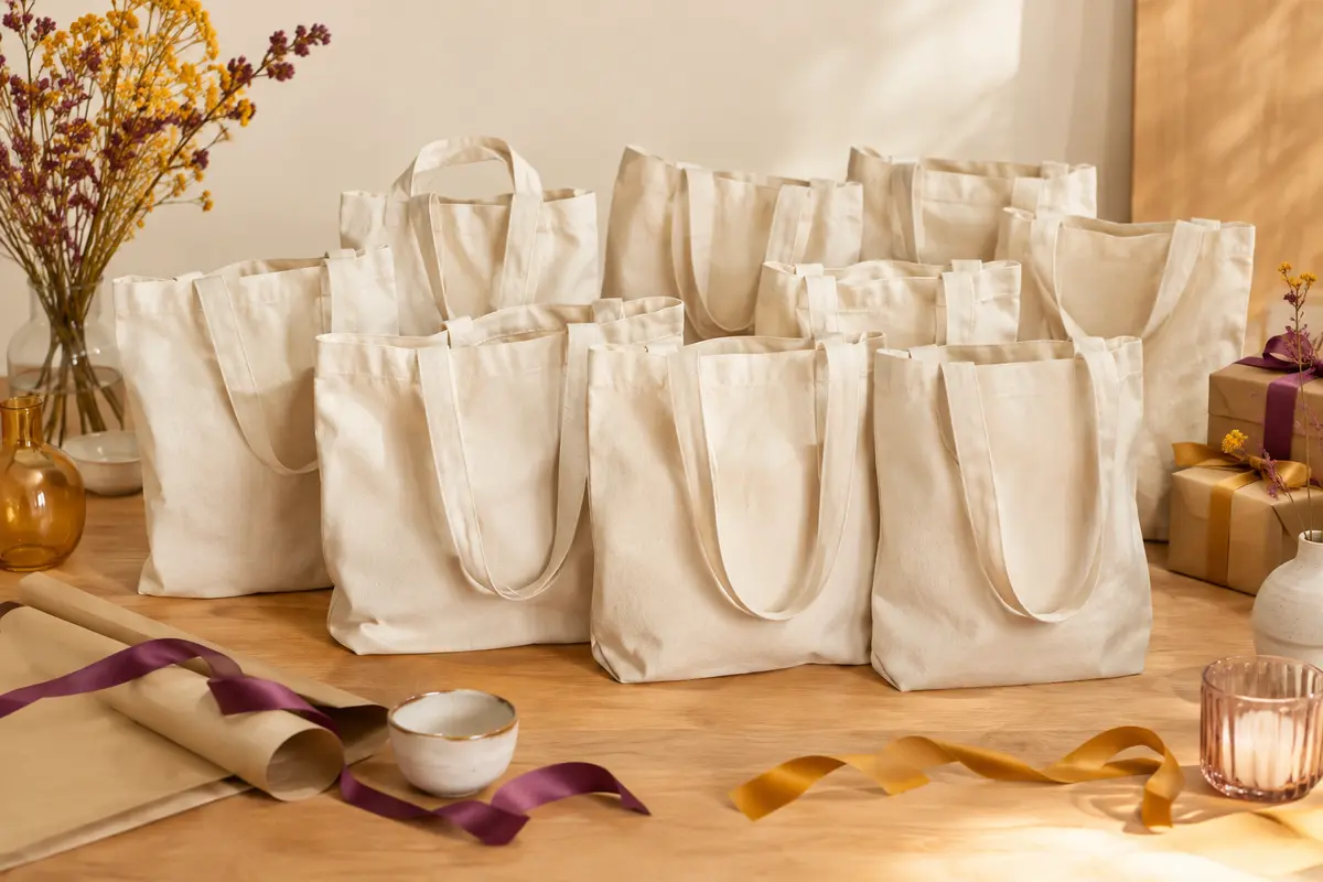 Lot de sacs fourre-tout en toile de coton à anses longues, présenté sur un fond clair avec des accessoires cadeau.