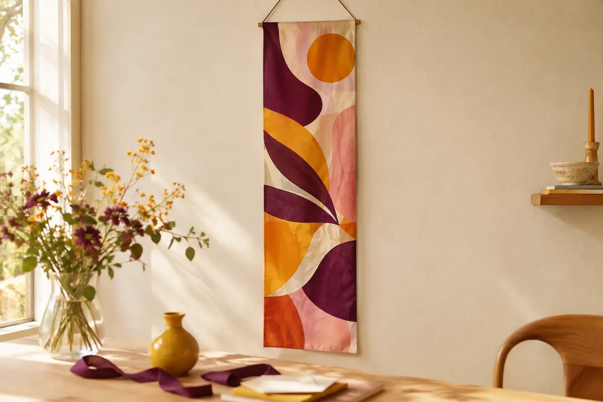 Banderole verticale multicolore suspendue sur un mur crème dans un décor de fête aux tons chaleureux