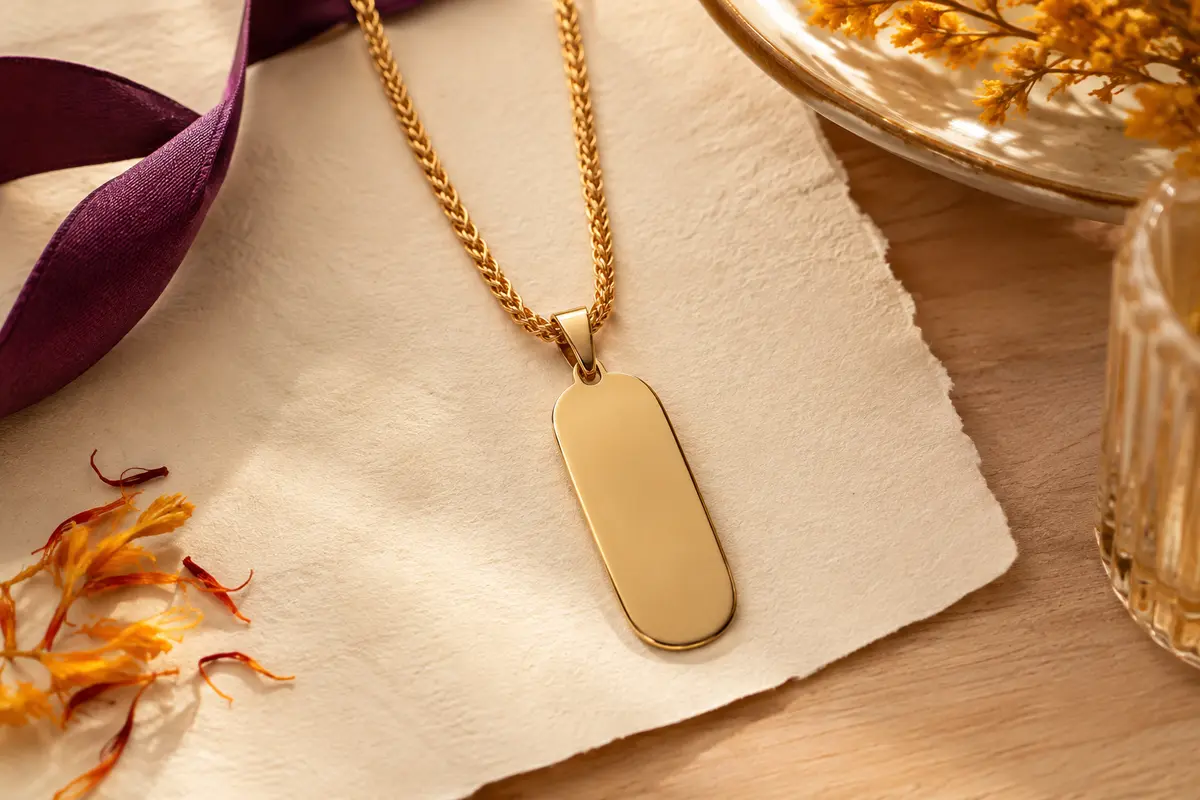 Collier doré à chaîne spiga et pendentif plaque personnalisable vierge, présenté sur un fond crème et bois clair.