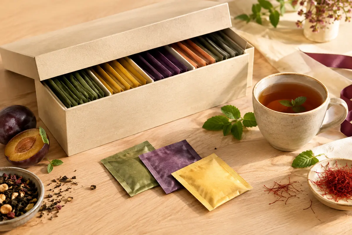 Coffret Pukka de thés et infusions bio présenté avec quelques sachets sur un fond de bois clair.