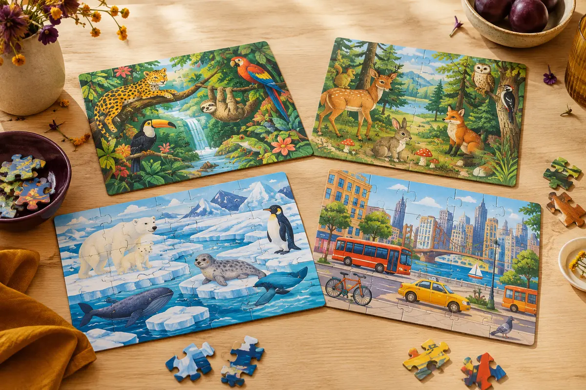 Quatre puzzles en carton illustrés d’animaux et d’habitats variés, avec quelques pièces détachées sur une table claire.
