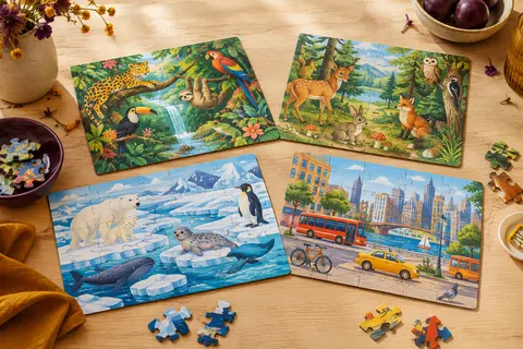 Quatre puzzles en carton illustrés d’animaux et d’habitats variés, avec quelques pièces détachées sur une table claire.