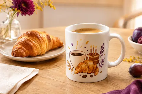 Mug blanc en céramique au motif humoristique café et croissant, posé sur une table en bois clair.