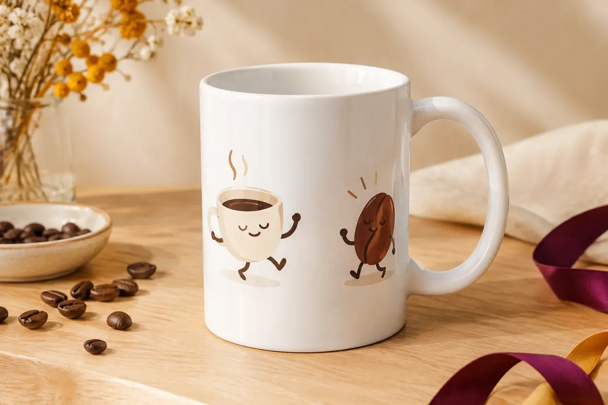 Mug blanc brillant en céramique avec poignée, présenté sur un fond clair avec du café