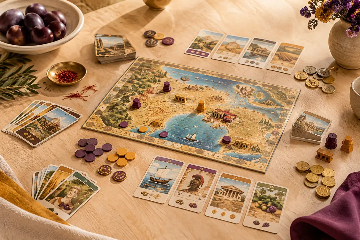 Plateau, cartes et jetons d’un jeu de stratégie pour deux joueurs disposés sur une table claire.
