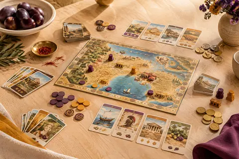 Plateau, cartes et jetons d’un jeu de stratégie pour deux joueurs disposés sur une table claire.