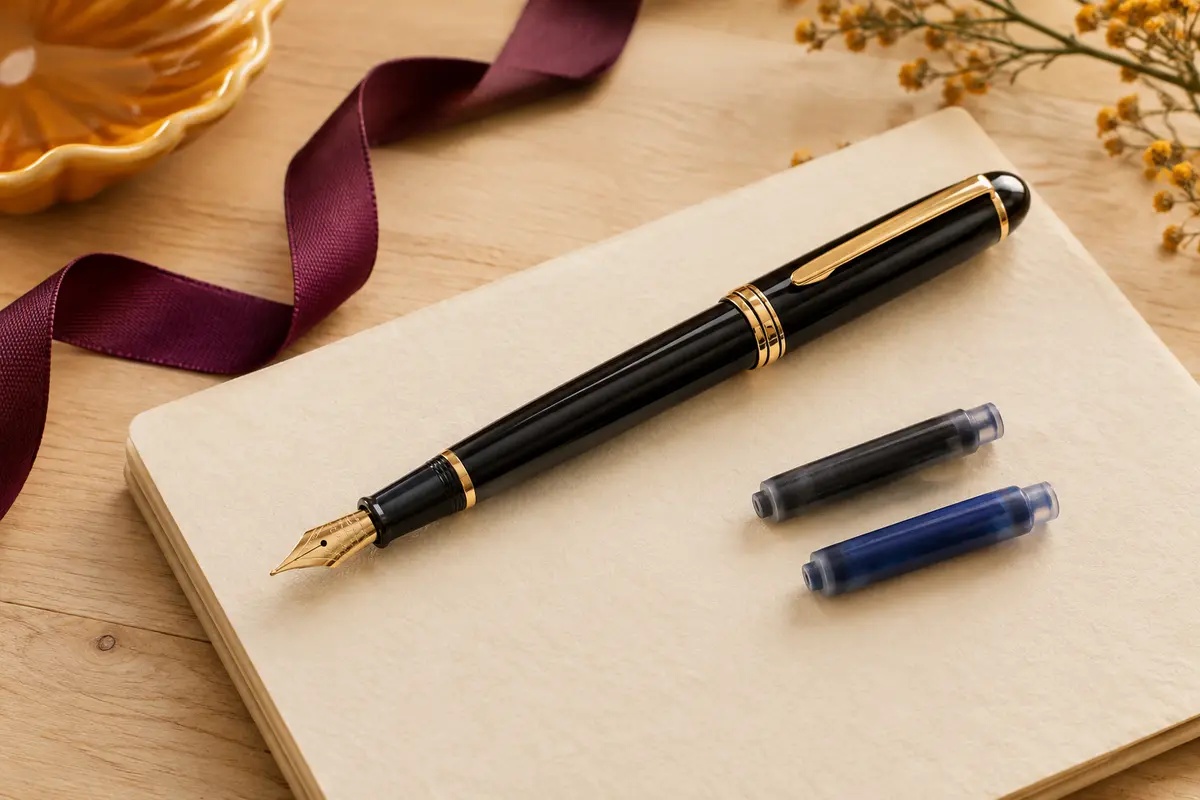 Stylo-plume noir laqué aux finitions dorées posé sur un carnet crème avec deux cartouches
