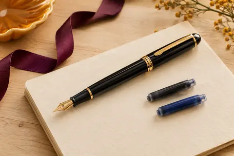 Stylo-plume noir laqué aux finitions dorées posé sur un carnet crème avec deux cartouches