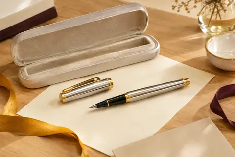 Stylo roller Scriveiner argenté et chromé posé près de son étui sur un fond clair