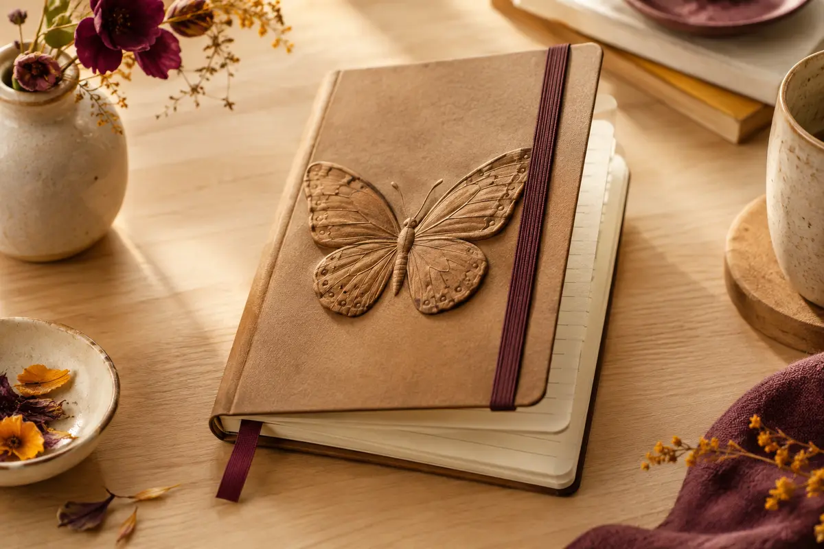Carnet ligné marron à couverture rigide avec papillon en relief, élastique et ruban marque-page