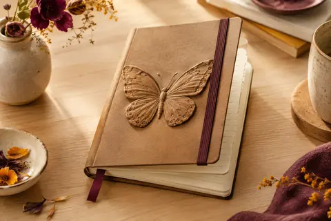 Carnet ligné marron à couverture rigide avec papillon en relief, élastique et ruban marque-page