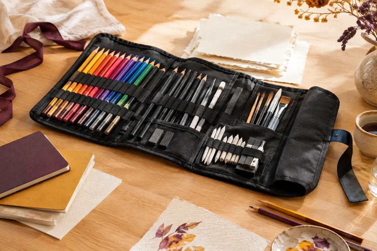 Trousse noire ouverte avec crayons de dessin variés, carnets et accessoires disposés sur une table claire.