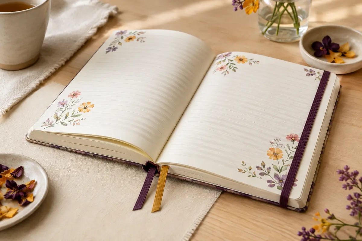 Carnet Siixu B5 ouvert, avec pages lignées florales, fermeture élastique et deux rubans marque-pages