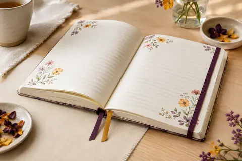 Carnet Siixu B5 ouvert, avec pages lignées florales, fermeture élastique et deux rubans marque-pages