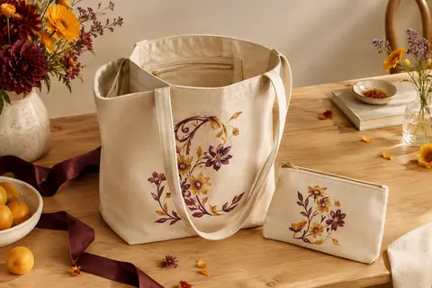 Cabas tote bag beige à motif floral avec sa petite pochette zippée posée sur un fond clair