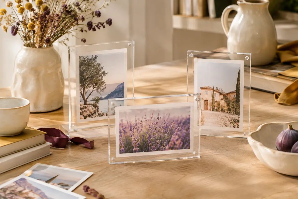 Lot de cadres photo transparents en acrylique posés sur une table en bois clair avec des images de souvenirs.