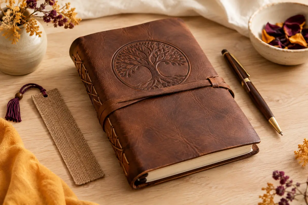 Carnet A5 brun en cuir avec arbre de vie en relief, sangle, stylo et marque-page en jute