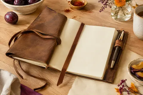 Carnet en cuir brun ouvert sur des pages vierges, avec stylo, lanière et marque-page en cuir