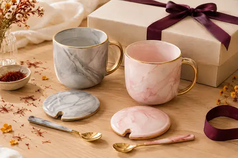 Duo de tasses en céramique marbrée grise et rose, avec couvercles, cuillères et boîte cadeau
