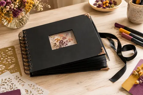 Album de scrapbooking noir à spirale, ruban et coins cuivrés sur un fond de bois clair