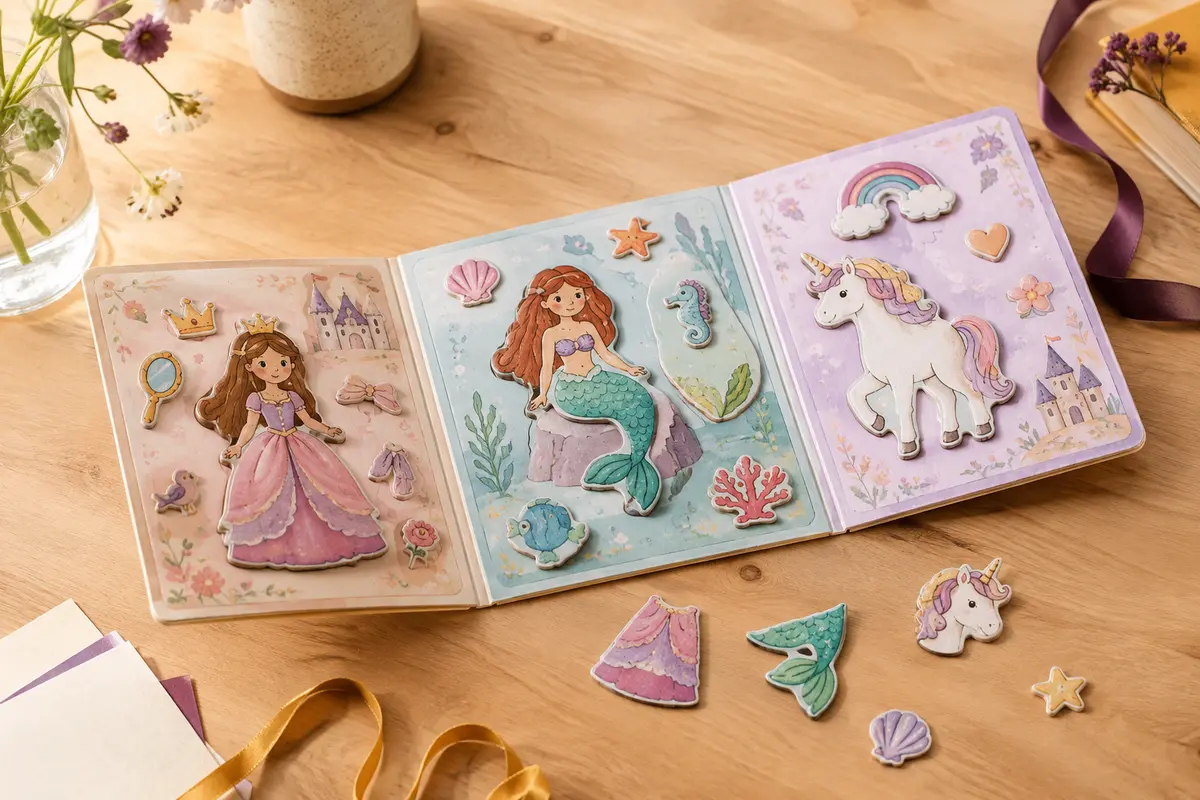 Puzzle magnétique pliable pour enfant avec des pièces illustrées sur les thèmes princesse, sirène et licorne.