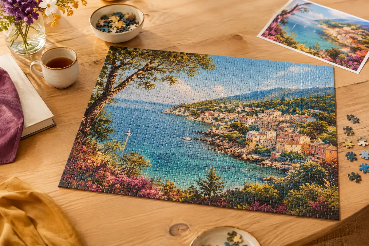Puzzle de 1 000 pièces sur le thème Côte d’été, assemblé sur une table en bois clair
