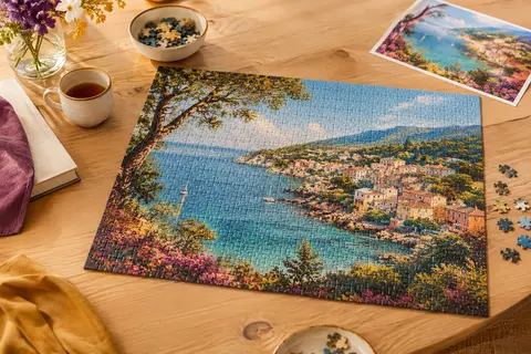 Puzzle de 1 000 pièces sur le thème Côte d’été, assemblé sur une table en bois clair