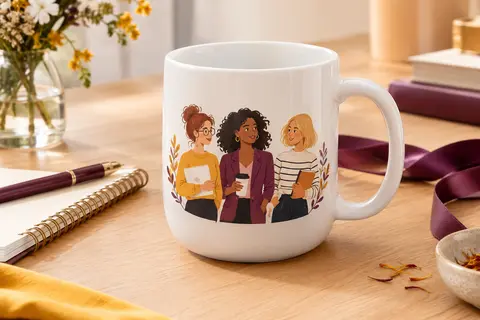 Mug blanc brillant illustré de trois collègues, posé sur une table en bois clair avec un ruban prune.