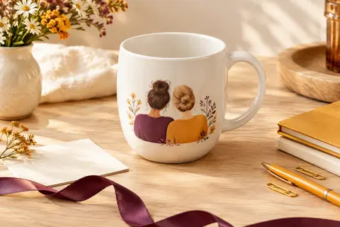 Mug blanc en céramique décoré d’un motif de deux amies, posé sur un fond crème et bois clair