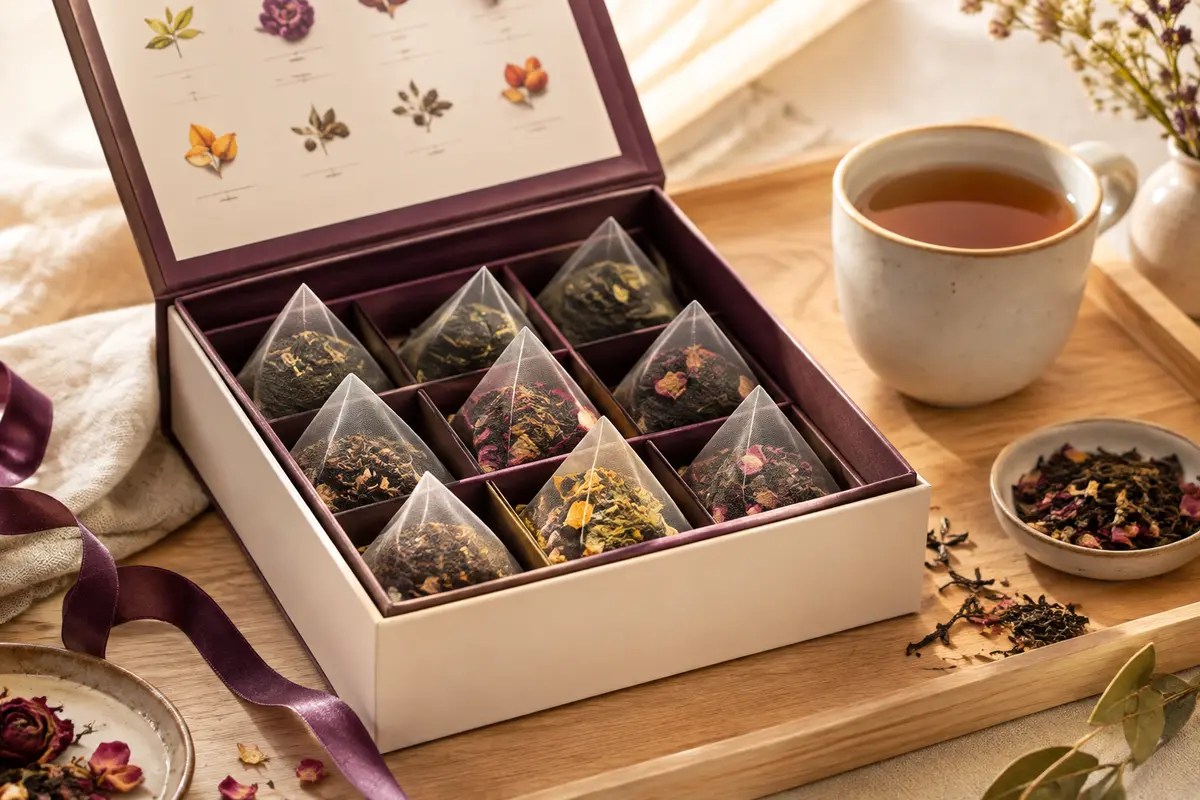 Coffret carré ouvert de thés assortis avec infuseurs pyramidaux, tasse en céramique et décor crème.