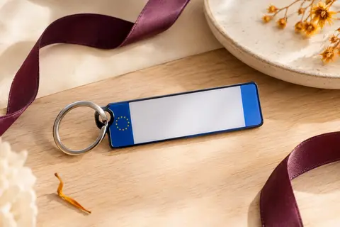Porte-clés miniature en forme de plaque personnalisable, posé sur un fond crème et bois clair